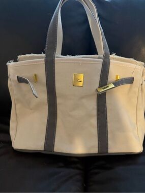 Canvas Tote Bag with Gray Trim and Gold Hardware